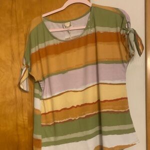 Striped Short-Sleeve Tie-Sleeve Top in Multi-Color check out the back